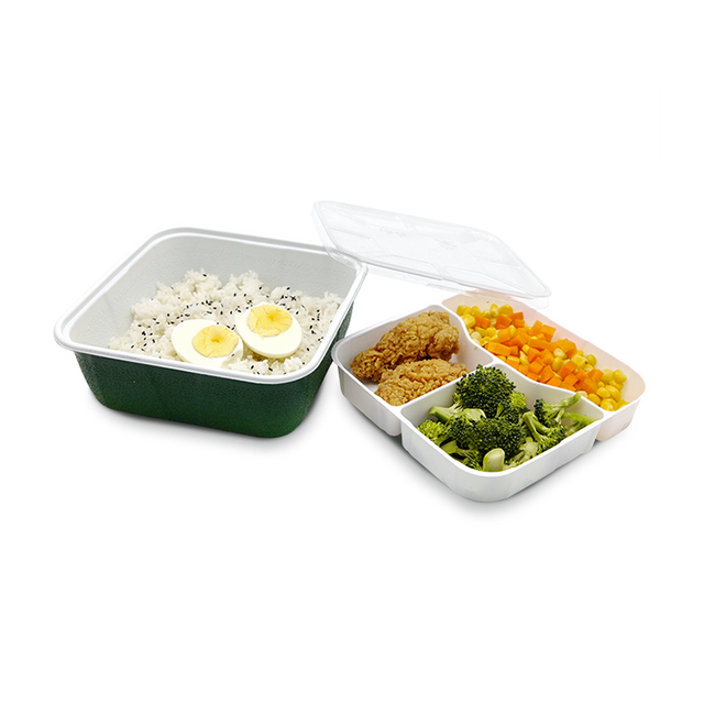 Caja de comida para llevar de plástico desechable cuadrada dividida con compartimentos de doble capa